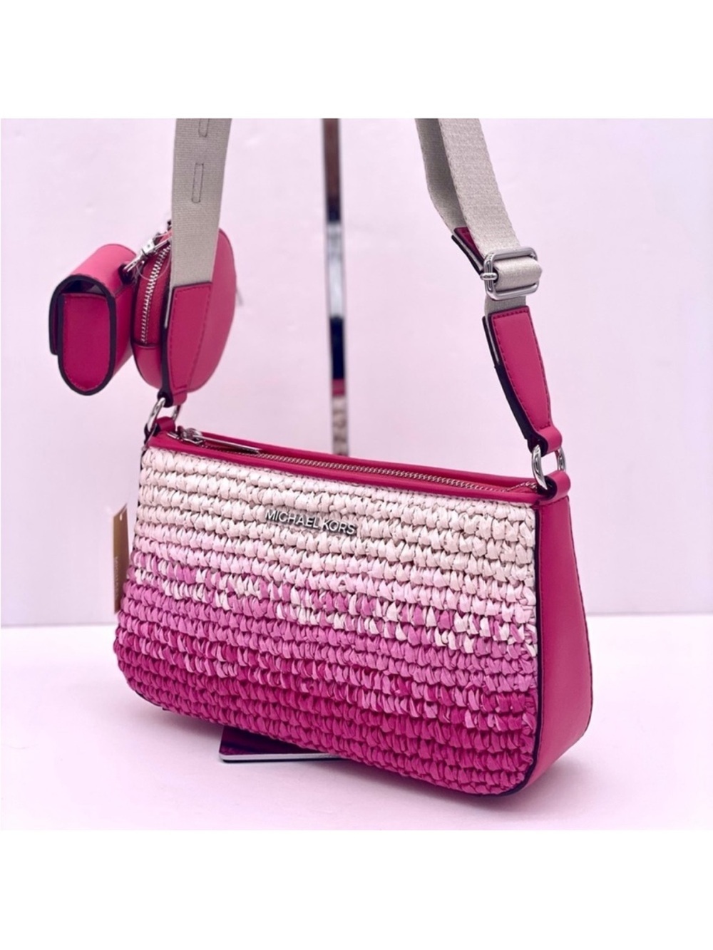 Michael Kors Pink and White Ombre Woven Crossbody with Removable Pouches - Picture 9 of 11